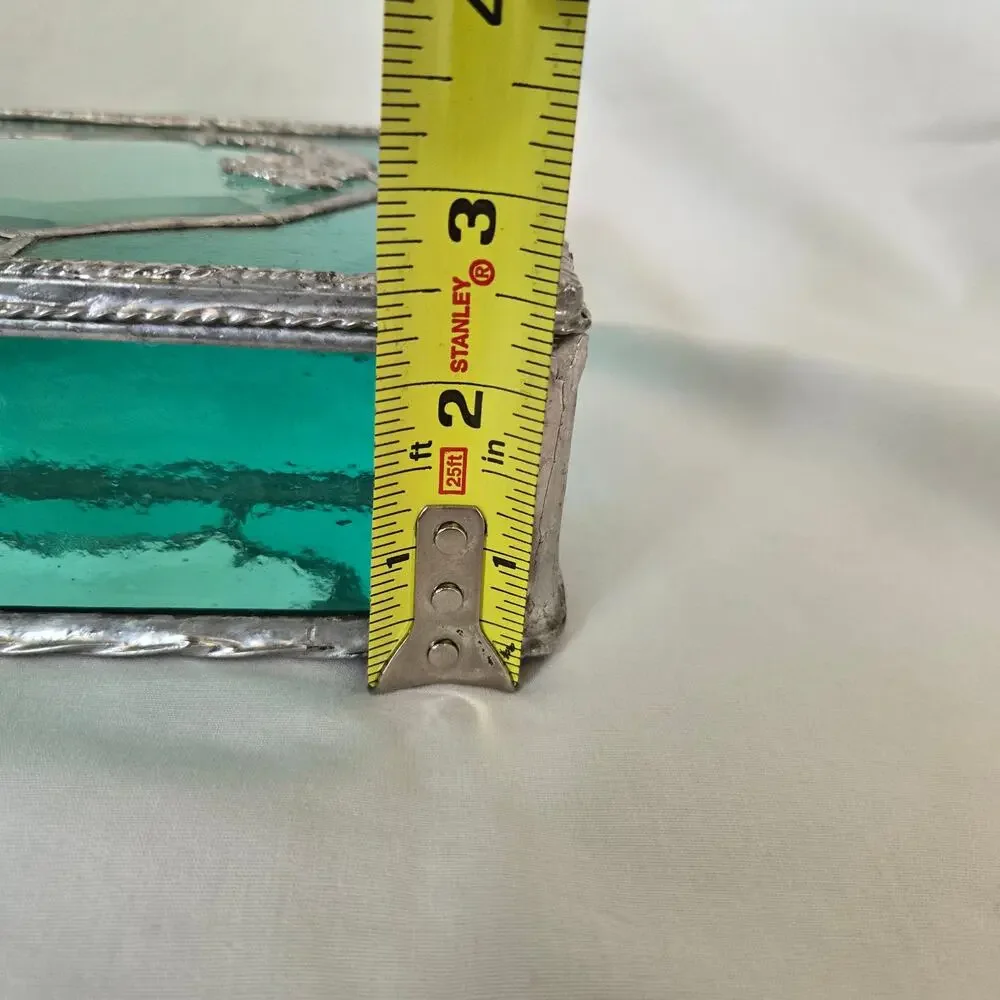 Teal Green Stained Glass Mirrored Jewelry Box Trinket Box Beveled and Waterglass